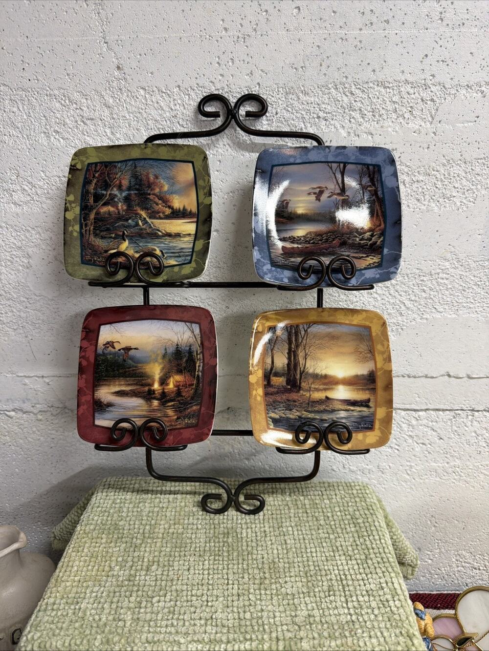 Terry Redlin Set of 4 Mini Plates Camping Series Square 4.5 inches W/ Metal Rack